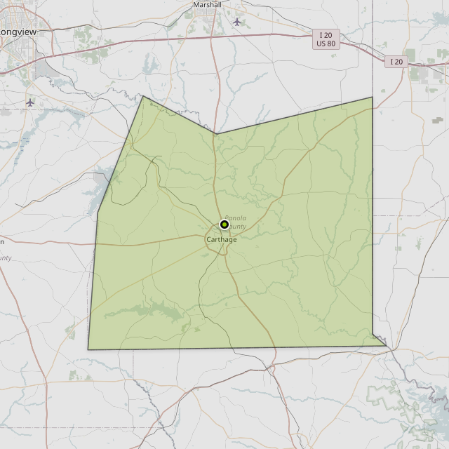Map showing Panola County around Carthage, TX