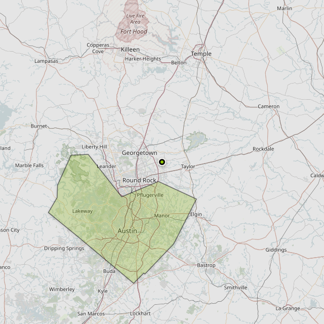 Map showing Travis County around Hutto, TX