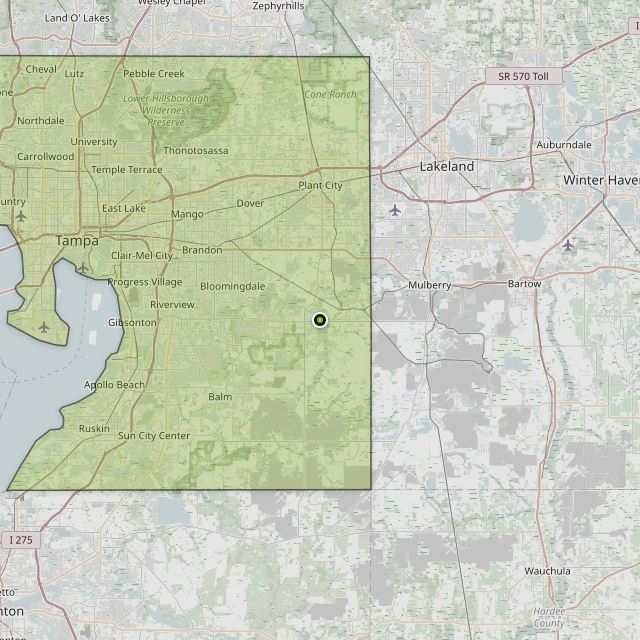 Map showing Hillsborough County around Lithia, FL