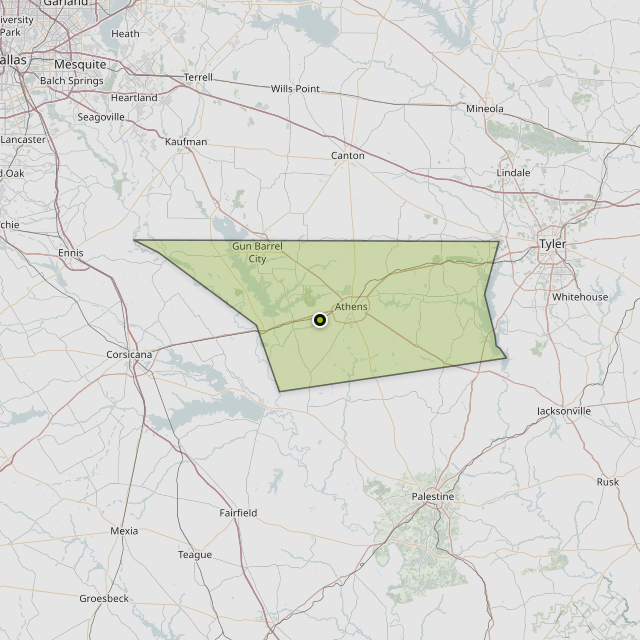 Map showing Henderson County around Malakoff, TX