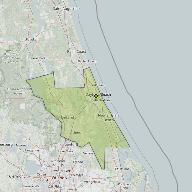 Map showing Volusia County around Daytona Beach, FL