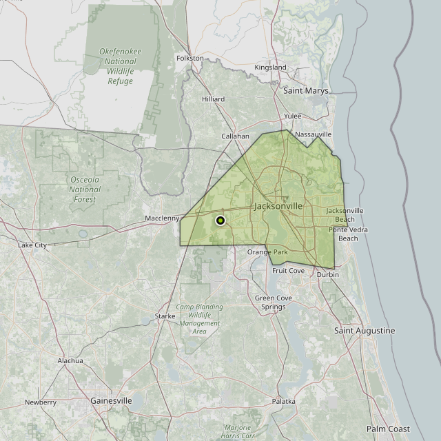 Map showing Duval County around Jacksonville, FL