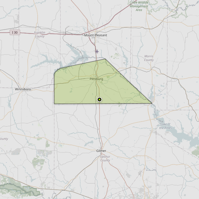 Map showing Camp County around Pittsburg, TX