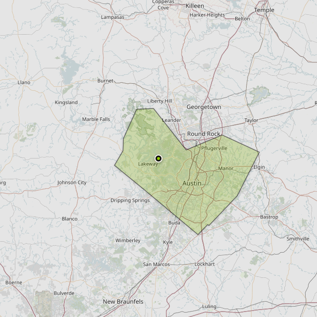 Map showing Travis County around Austin, TX