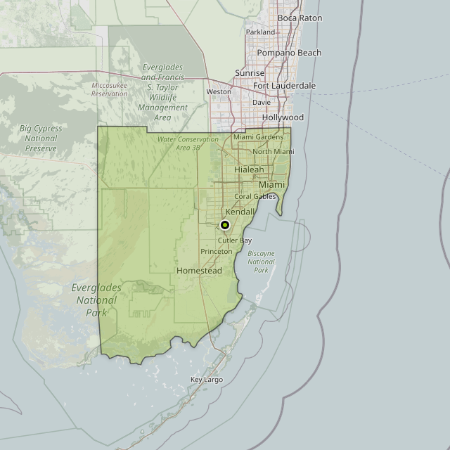 Map showing Miami-Dade County around Miami, FL