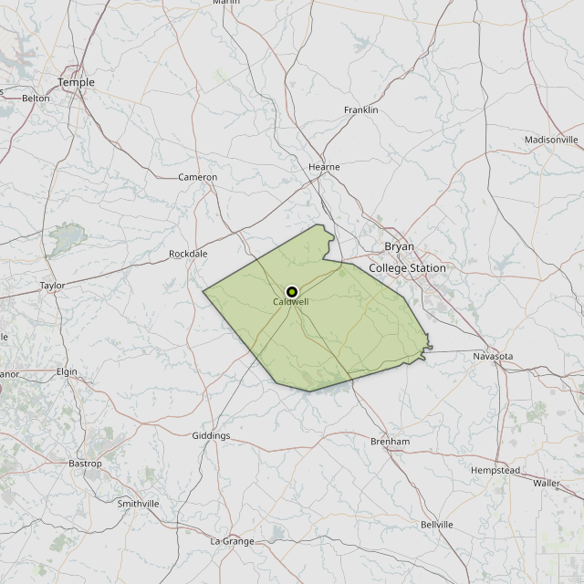 Map showing Burleson County around Caldwell, TX