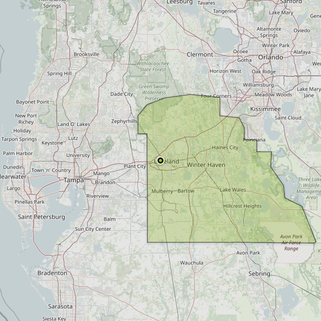 Map showing Polk County around Lakeland, FL