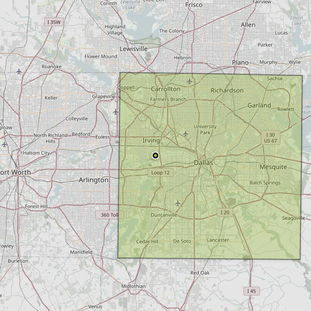 Map showing Dallas County around Irving, TX