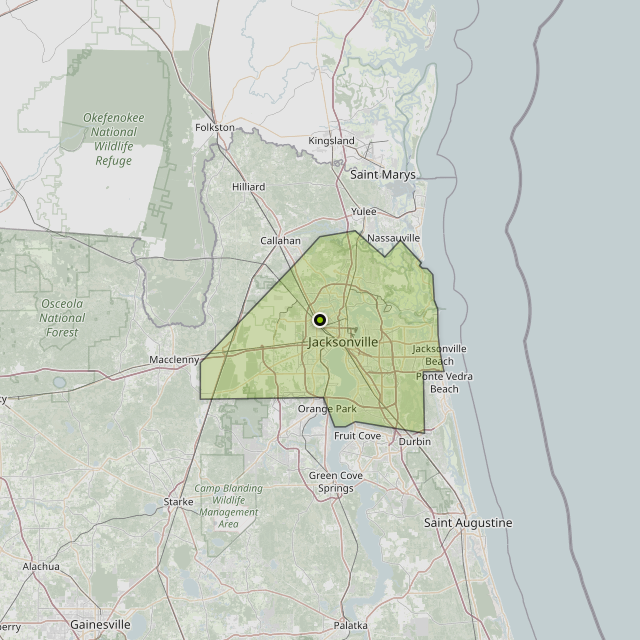Map showing Duval County around Jacksonville, FL