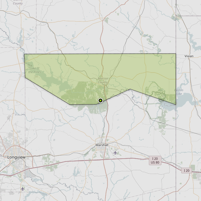 Map showing Marion County around Jefferson, TX