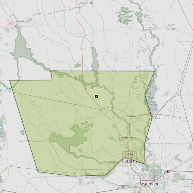 Map showing Hardin County around Kountze, TX
