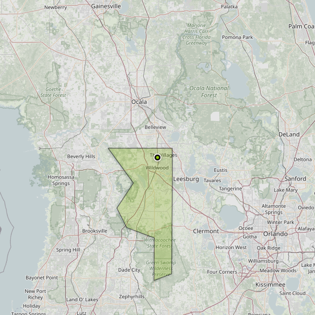 Map showing Sumter County around Oxford, FL