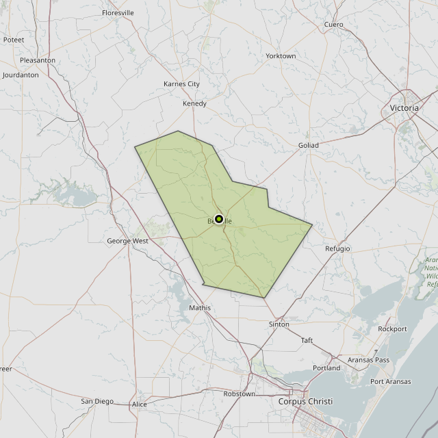 Map showing Bee County around Beeville, TX