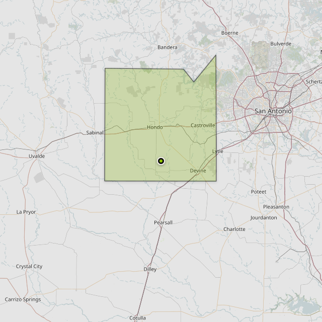 Map showing Medina County around Hondo, TX