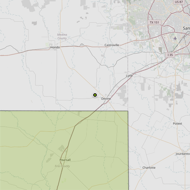 Map showing Frio County around Devine, TX
