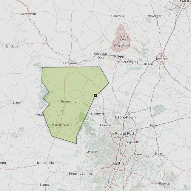 Map showing Burnet County around Bertram, TX