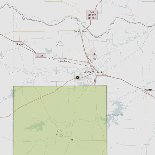 Map showing Archer County around Wichita Falls, TX