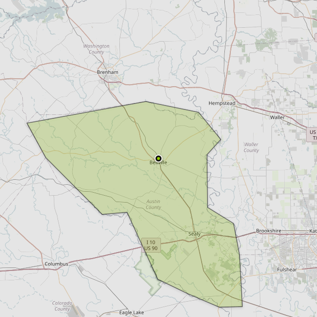 Map showing Austin County around Bellville, TX