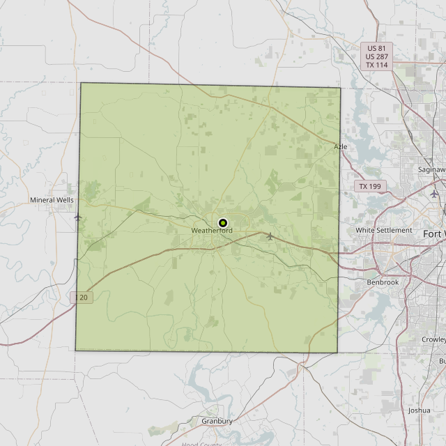 Map showing Parker County around Weatherford, TX