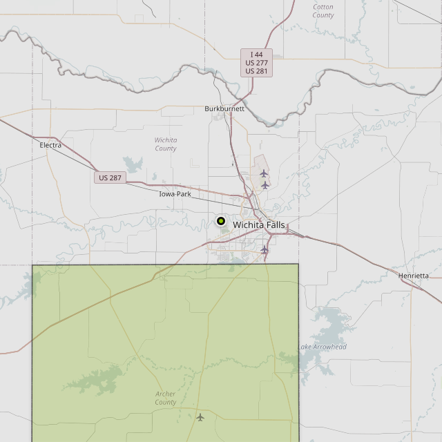 Map showing Archer County around Wichita Falls, TX