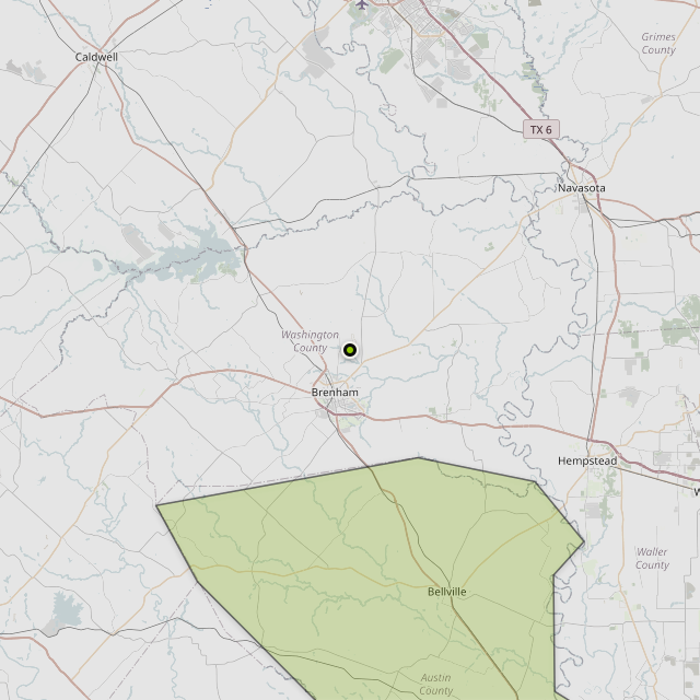 Map showing Austin County around Brenham, TX