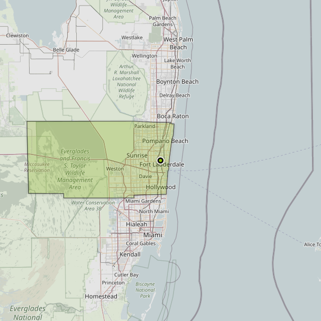 Map showing Broward County around Fort Lauderdale, FL