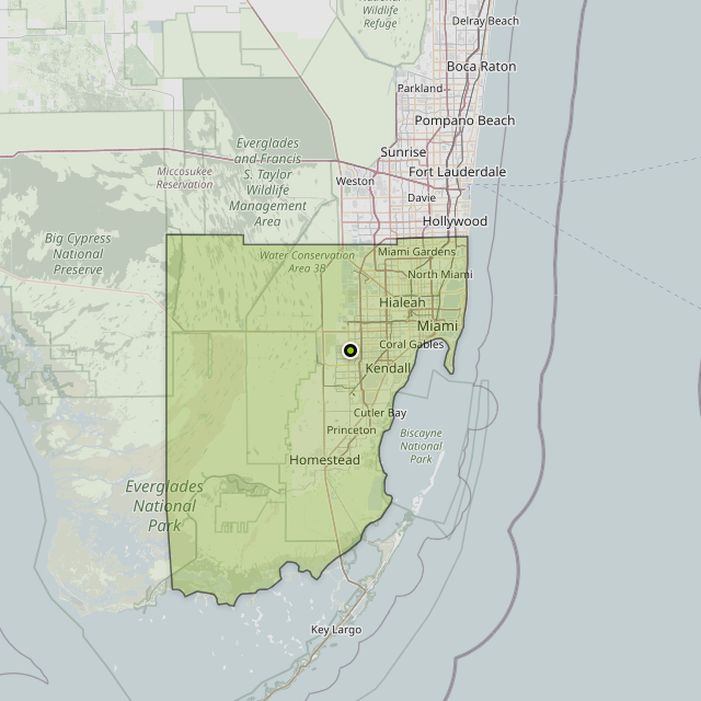 Map showing Miami-Dade County around Miami, FL