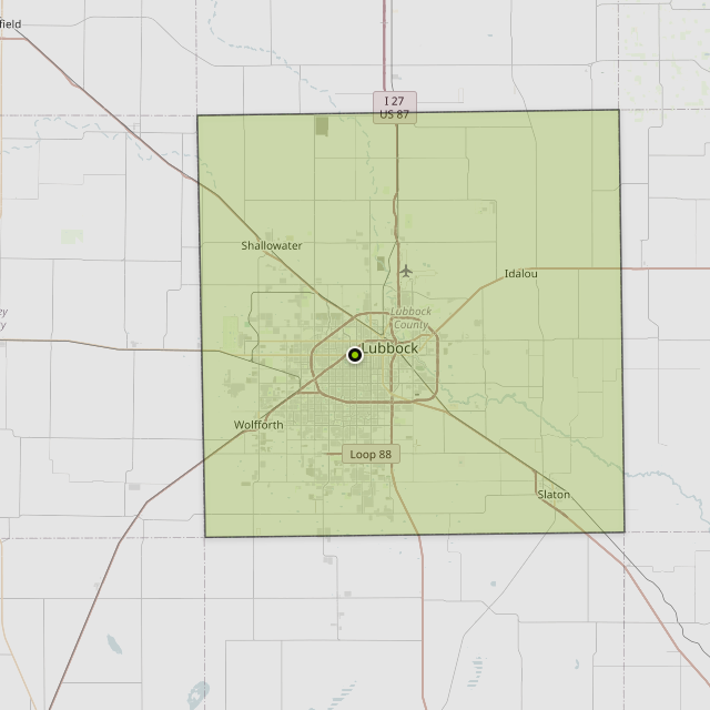 Map showing Lubbock County around Lubbock, TX
