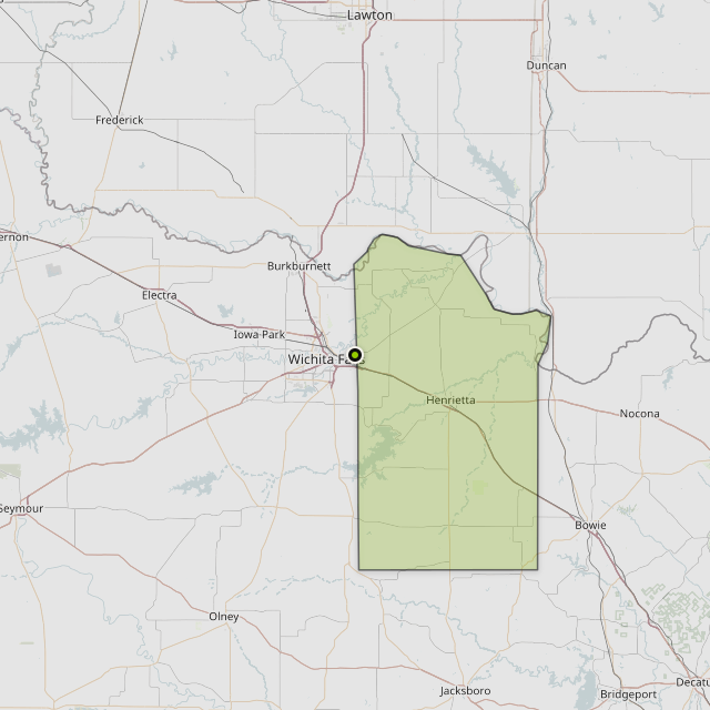 Map showing Clay County around Wichita Falls, TX