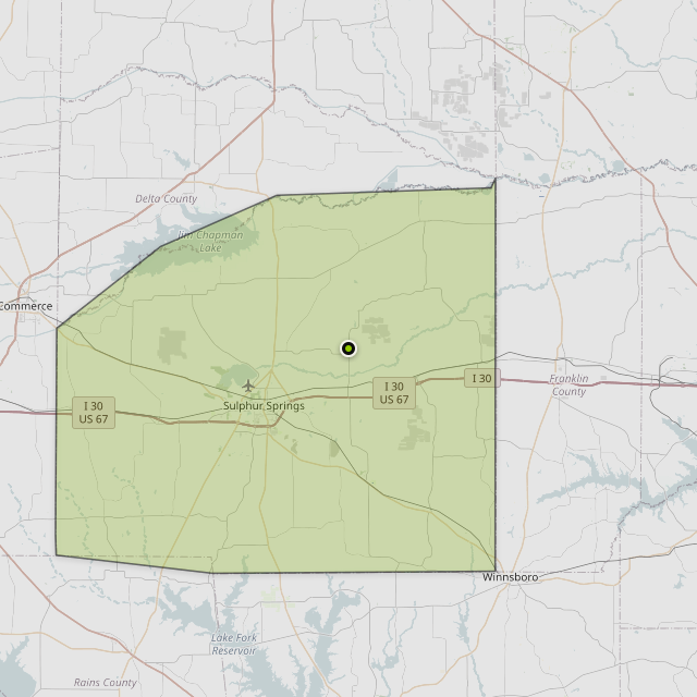 Map showing Hopkins County around Sulphur Springs, TX