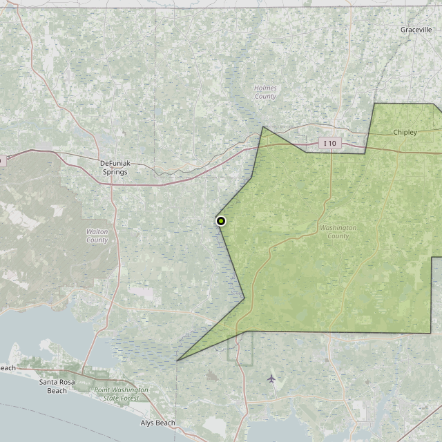 Map showing Washington County around DeFuniak Springs, FL