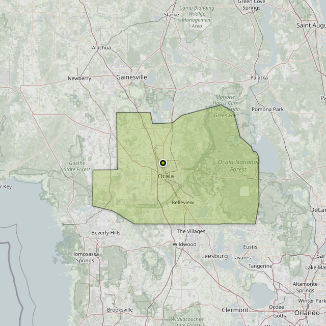 Map showing Marion County around Ocala, FL