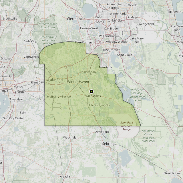 Map showing Polk County around Lake Wales, FL