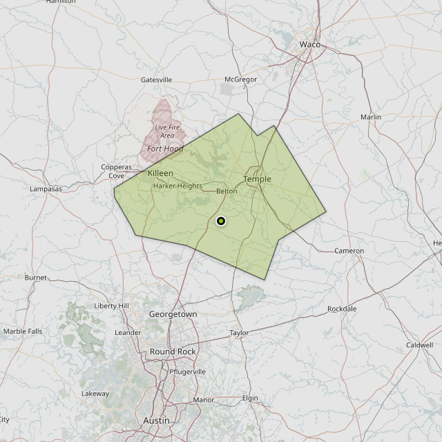 Map showing Bell County around Salado, TX