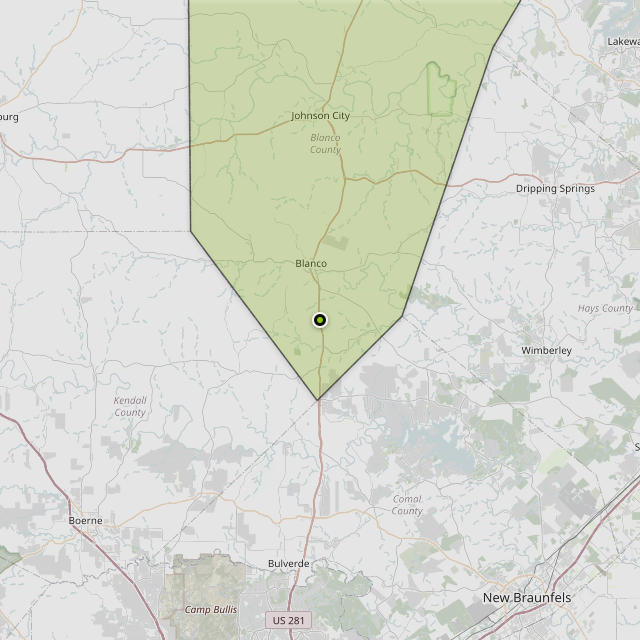 Map showing Blanco County around Blanco, TX