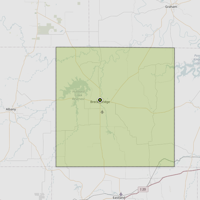 Map showing Stephens County around Breckenridge, TX