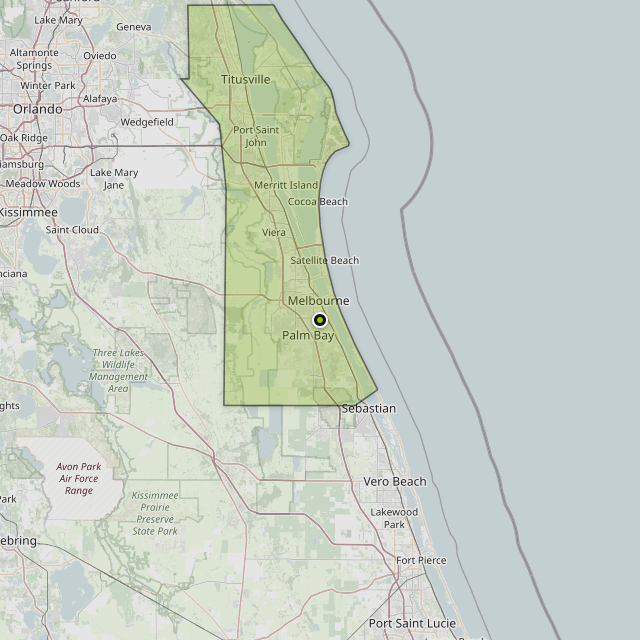 Map showing Brevard County around Palm Bay, FL