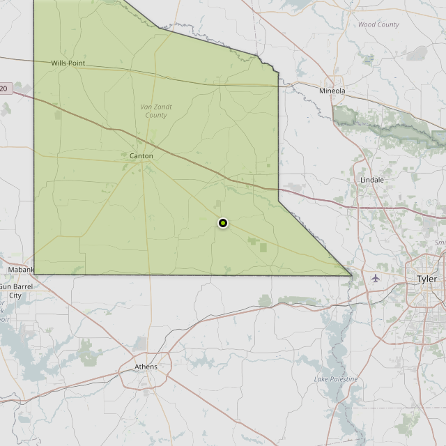 Map showing Van Zandt County around Van, TX