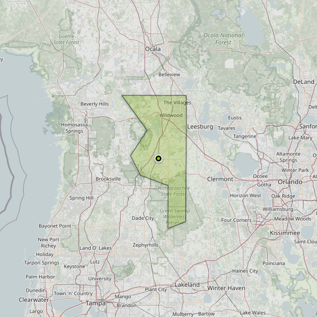 Map showing Sumter County around Bushnell, FL