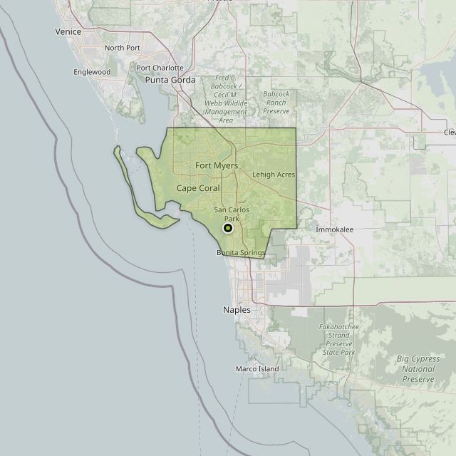 Map showing Lee County around Estero, FL