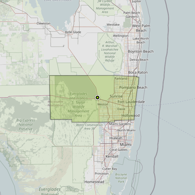 Map showing Broward County around Weston, FL