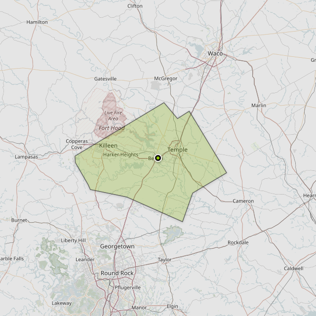Map showing Bell County around Belton, TX