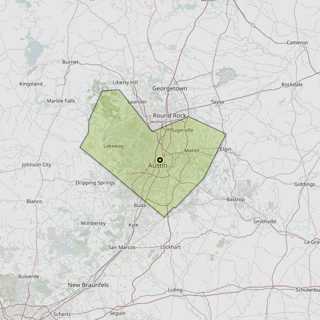 Map showing Travis County around Austin, TX