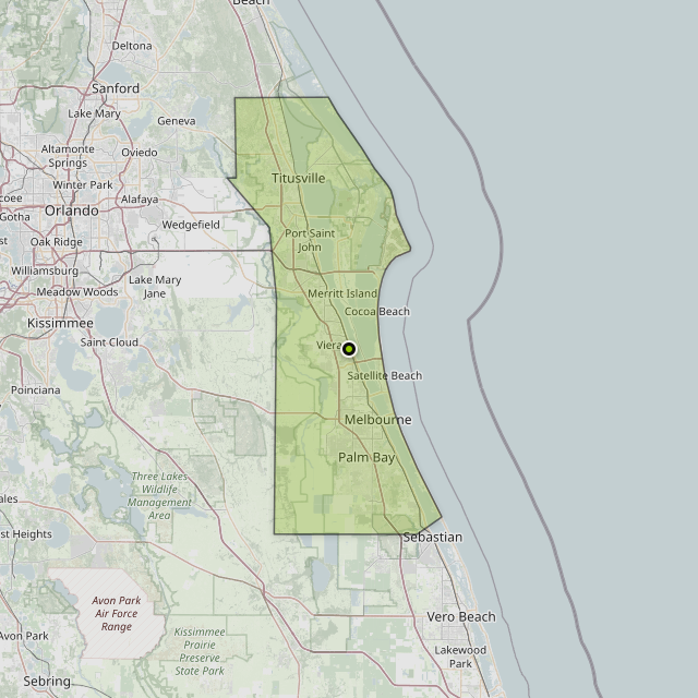 Map showing Brevard County around Melbourne, FL