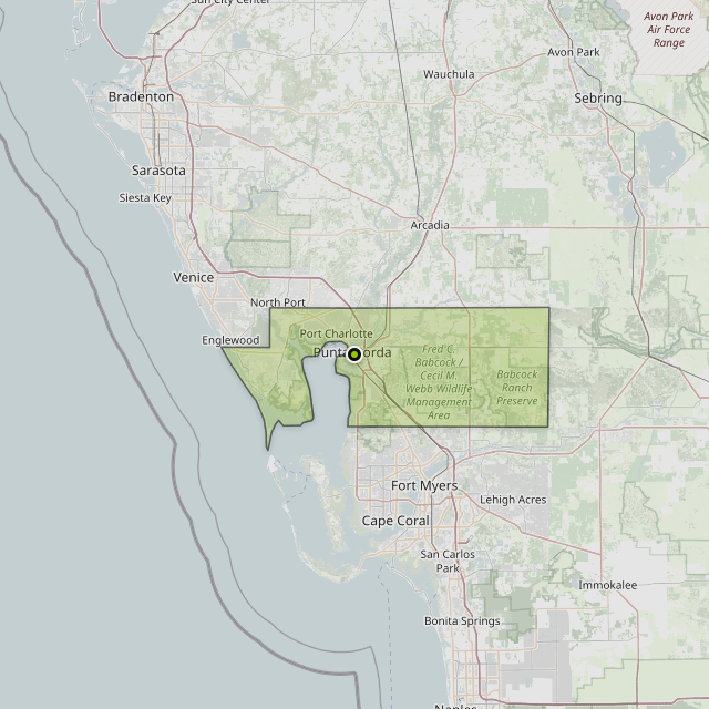 Map showing Charlotte County around Punta Gorda, FL