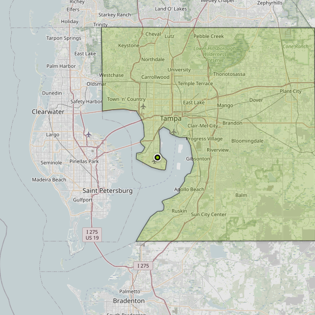 Map showing Hillsborough County around Tampa, FL