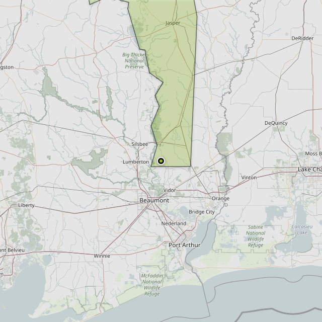 Map showing Jasper County around Evadale, TX