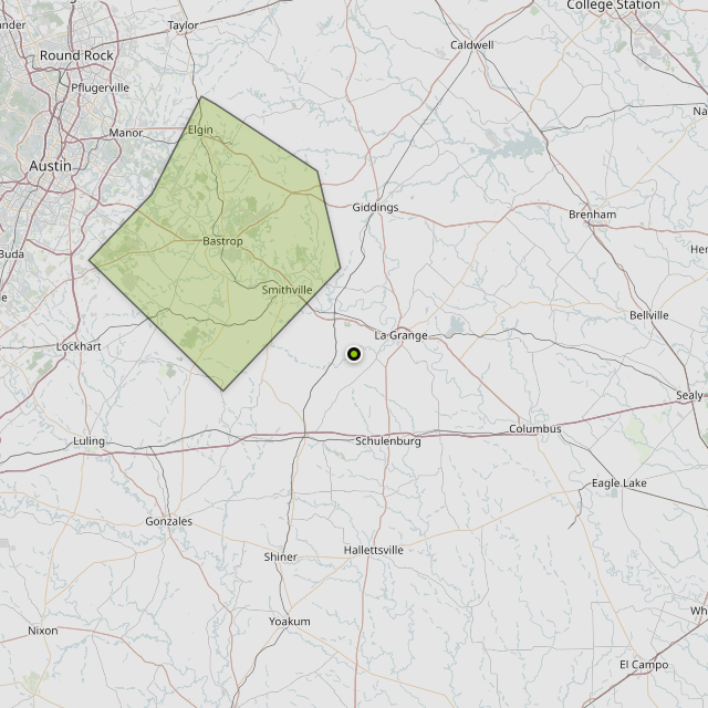 Map showing Bastrop County around La Grange, TX