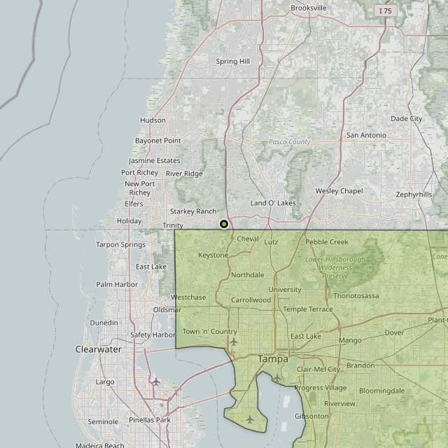 Map showing Hillsborough County around Odessa, FL