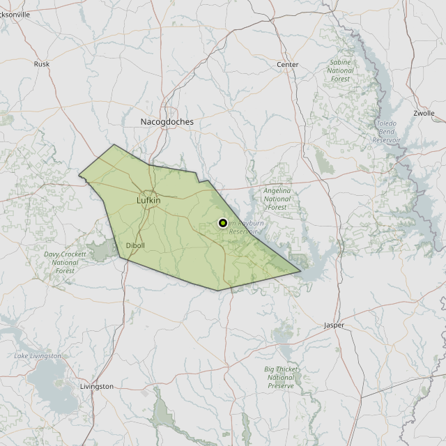 Map showing Angelina County around Huntington, TX